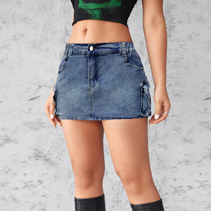 Women's Retro Denim Hip Skirt - Stretch Cotton Workwear with Pockets