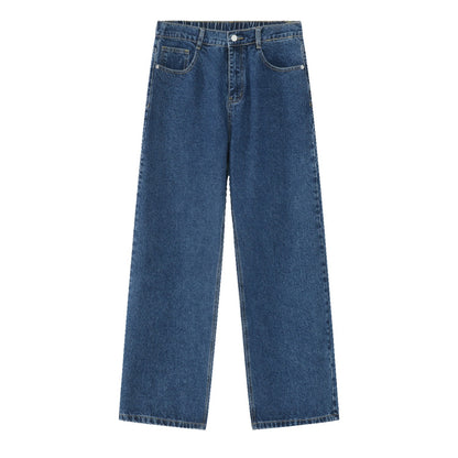 Korean Style Retro Half Elastic Waist Loose Straight Jeans Men's American Style