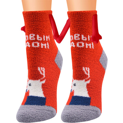 Fournitures de Noël Aspiration magnétique main dans la main Couple chaussettes corail polaire Tube chaussettes chaud pantoufle lit chaussettes hiver doux chaud pantoufle