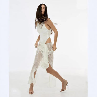 Vår- och sommarmode paljettärmlös delad midja outfit tvåvägs jumpsuit kjol