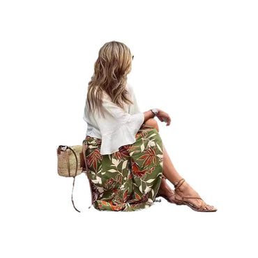Professional Female Print Holiday Casual Skirt - Polyester Vacation (Green, S-XXL, Socialite Long)