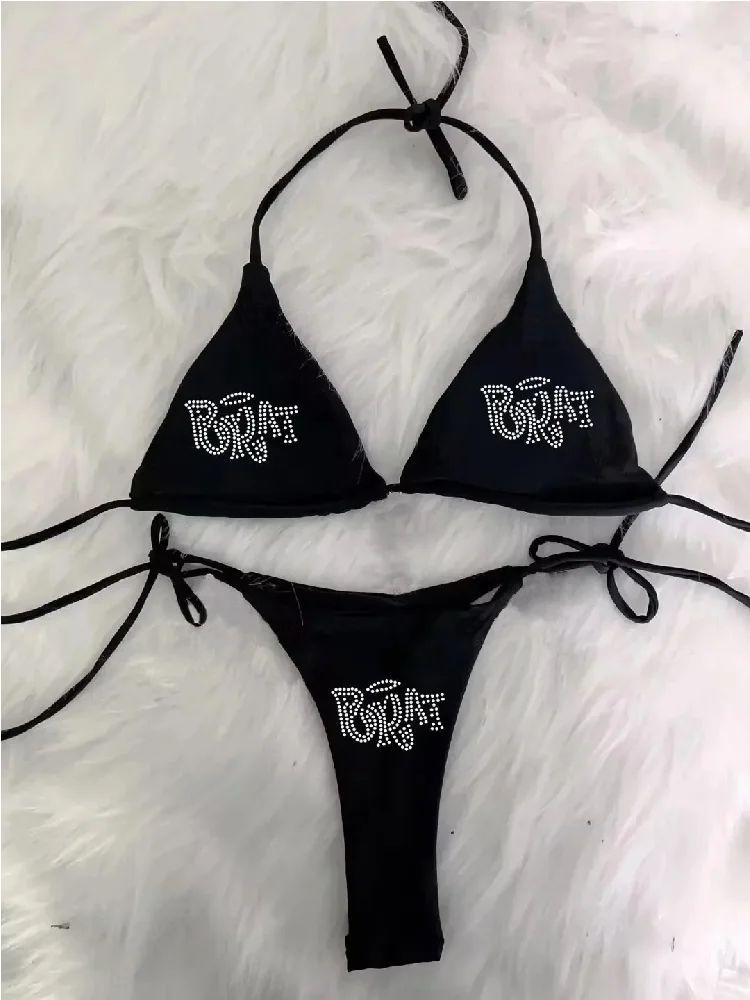 Y2g Letters Rhinestone Halter Sexy Backless Holiday Bikini