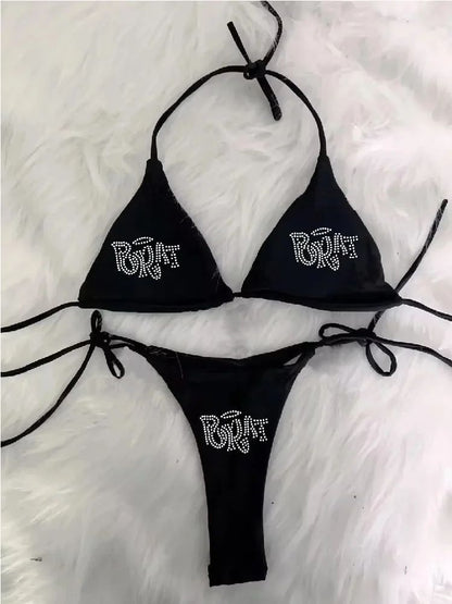 Y2g Letters Rhinestone Halter Sexy Backless Holiday Bikini
