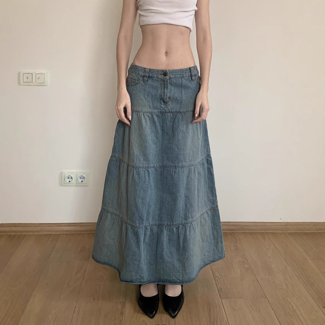 Holiday Fashion: Low Waist Denim Skirt - Cotton Flounced (Blue, S-L, Street Hipster)