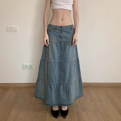 Holiday Fashion: Low Waist Denim Skirt - Cotton Flounced (Blue, S-L, Street Hipster)