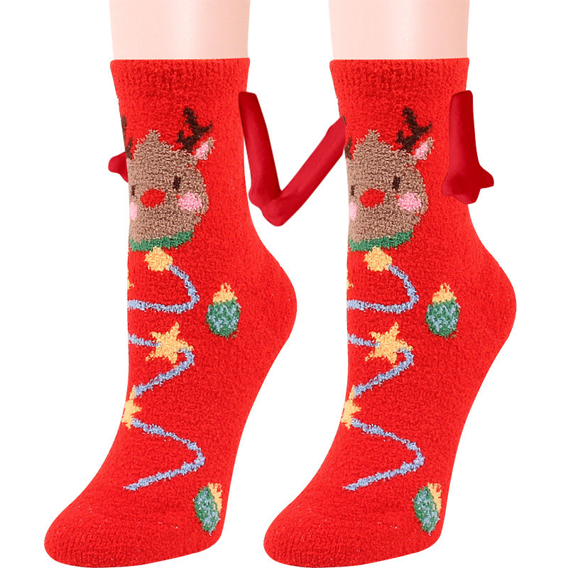 Fournitures de Noël Aspiration magnétique main dans la main Couple chaussettes corail polaire Tube chaussettes chaud pantoufle lit chaussettes hiver doux chaud pantoufle