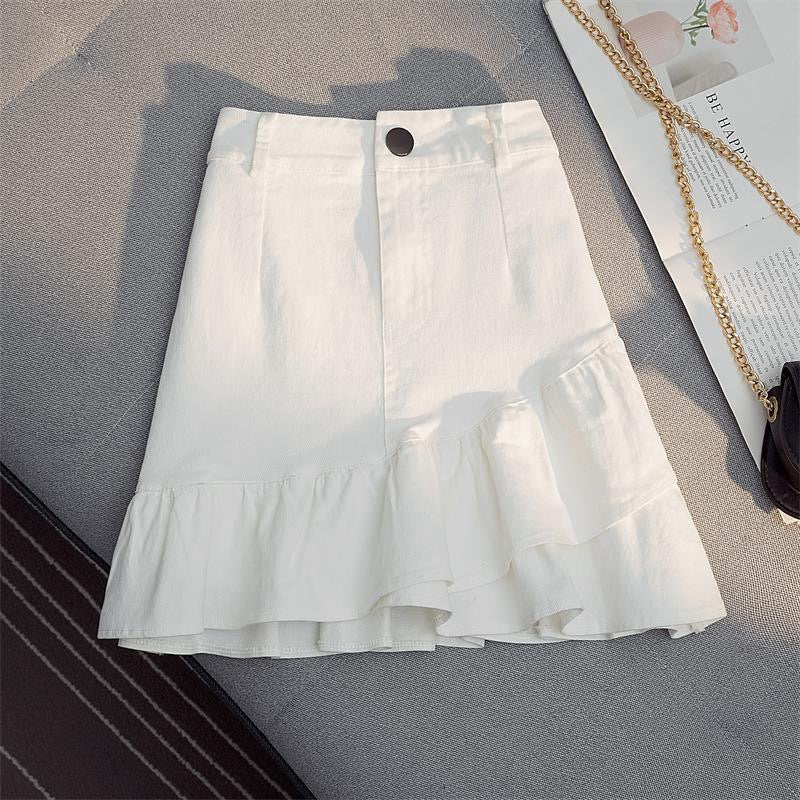 Professional Women's Elastic Waist Mid-Length Stitching Solid Skirt - Polyester A-Line (White/Yellow, S-L, Japanese Korean Casual)