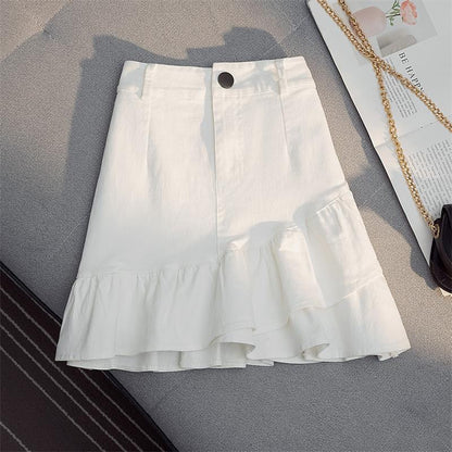 Professional Women's Elastic Waist Mid-Length Stitching Solid Skirt - Polyester A-Line (White/Yellow, S-L, Japanese Korean Casual)