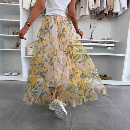 Summer New Mesh Lemon Printing Elastic Waist Large Swing Casual Skirt Women