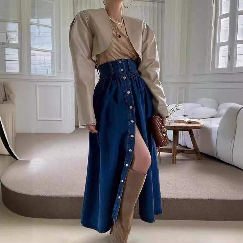 Professional Fashion Slimming Single-Breasted Denim Skirt - Cotton Construction (Dark/Light Blue, Free Size, Street Style)