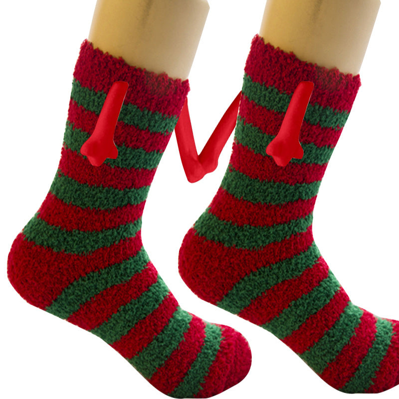 Fournitures de Noël Aspiration magnétique main dans la main Couple chaussettes corail polaire Tube chaussettes chaud pantoufle lit chaussettes hiver doux chaud pantoufle