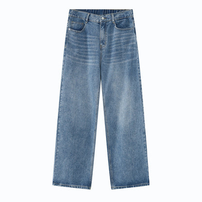 Korean Style Retro Half Elastic Waist Loose Straight Jeans Men's American Style
