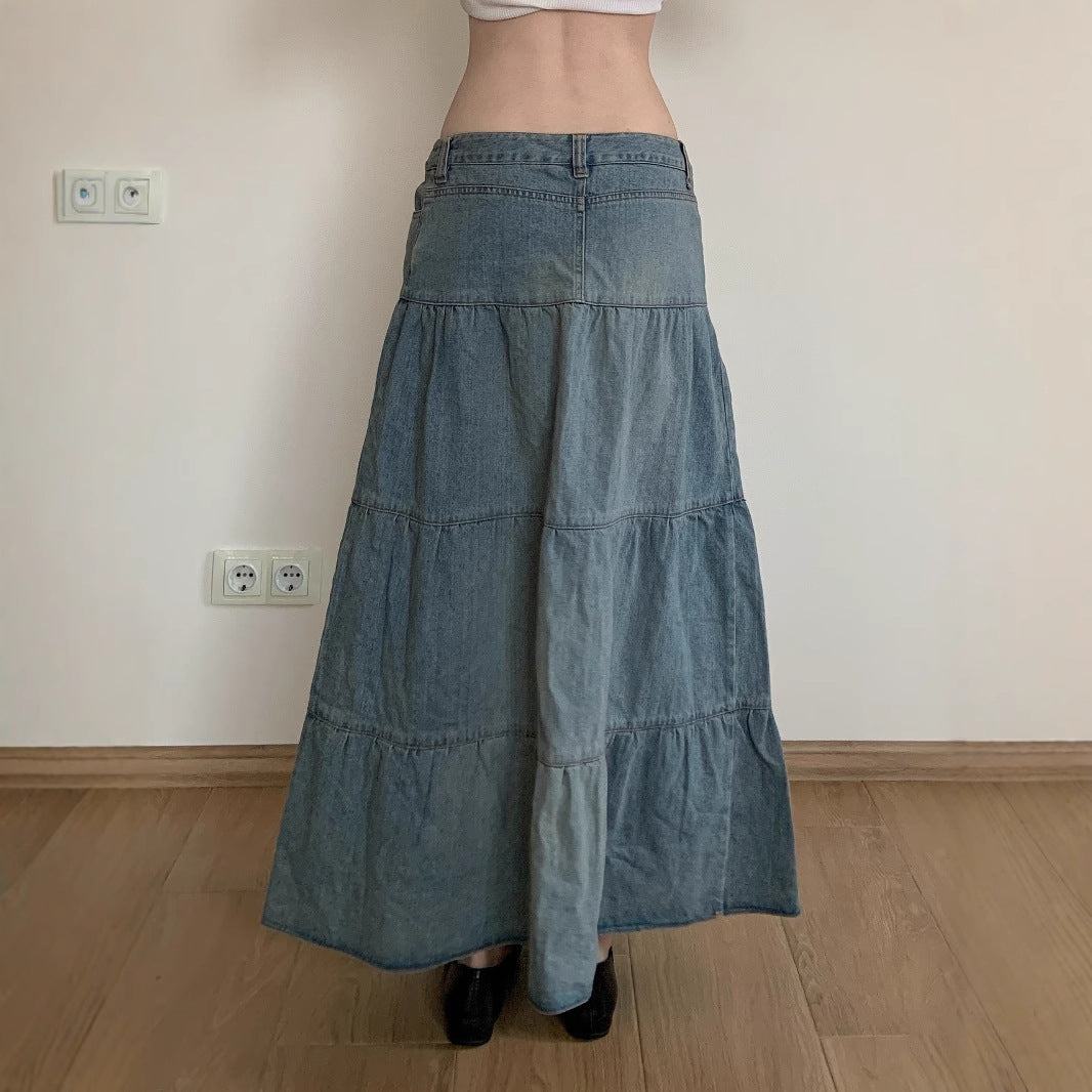 Holiday Fashion: Low Waist Denim Skirt - Cotton Flounced (Blue, S-L, Street Hipster)
