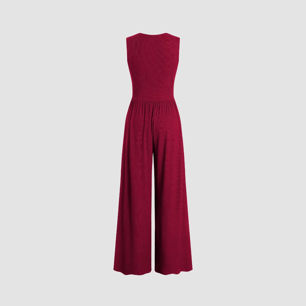 Stickad jumpsuit i enfärgad, lös ärmlös för kvinnor