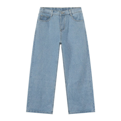 Korean Style Retro Half Elastic Waist Loose Straight Jeans Men's American Style