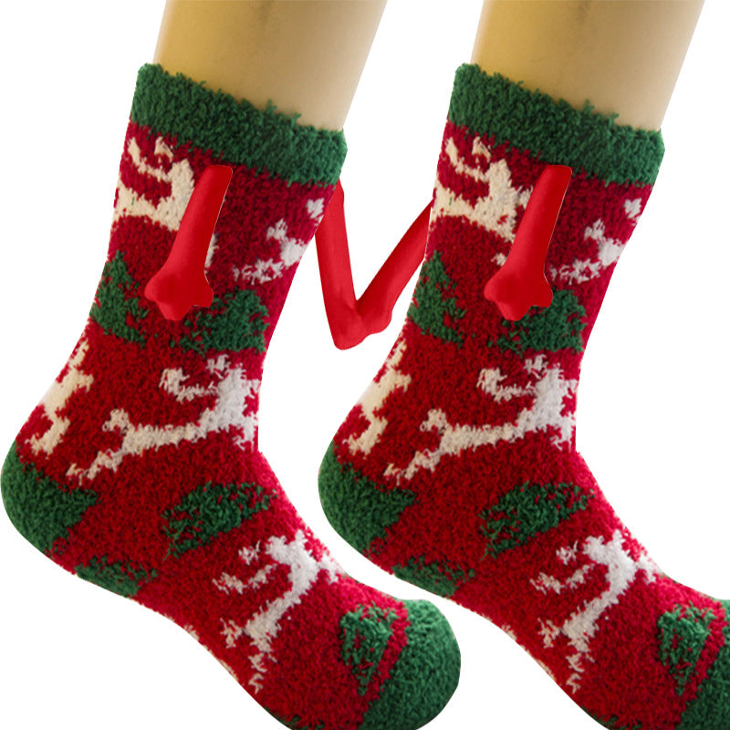 Fournitures de Noël Aspiration magnétique main dans la main Couple chaussettes corail polaire Tube chaussettes chaud pantoufle lit chaussettes hiver doux chaud pantoufle