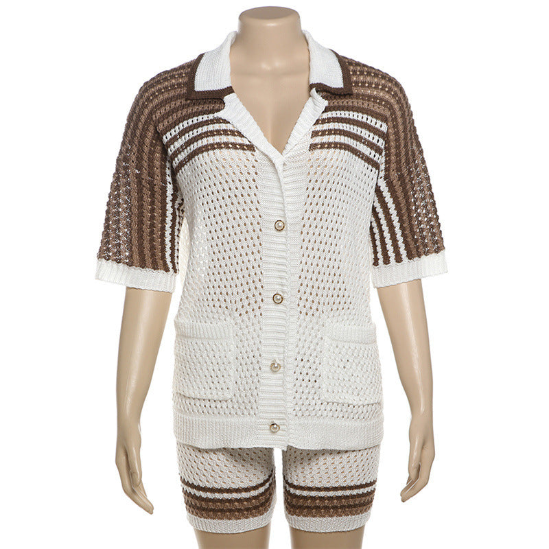 Sommarmode Urholkad Polokrage Topp Hög Midja Shorts Stickad Casual Kostym