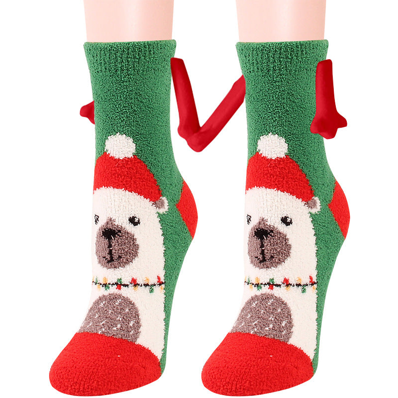 Fournitures de Noël Aspiration magnétique main dans la main Couple chaussettes corail polaire Tube chaussettes chaud pantoufle lit chaussettes hiver doux chaud pantoufle