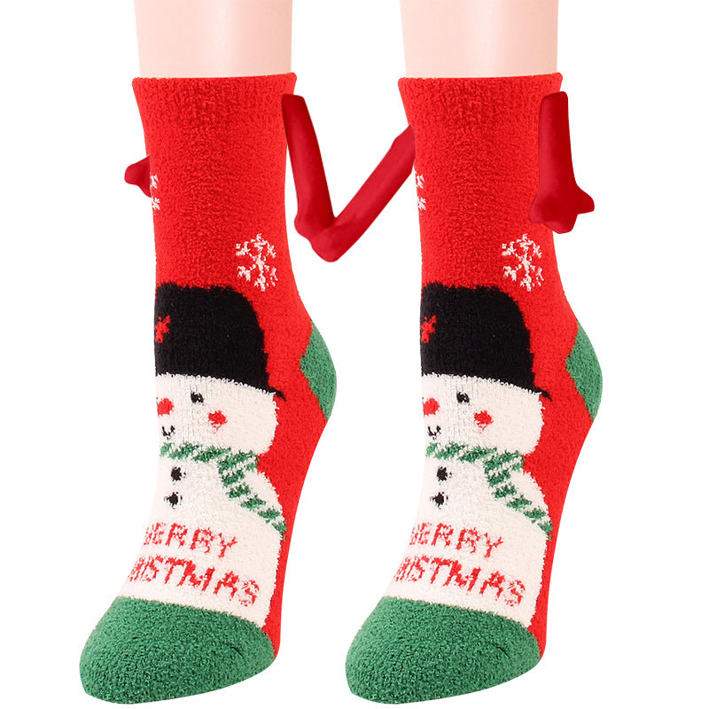 Fournitures de Noël Aspiration magnétique main dans la main Couple chaussettes corail polaire Tube chaussettes chaud pantoufle lit chaussettes hiver doux chaud pantoufle