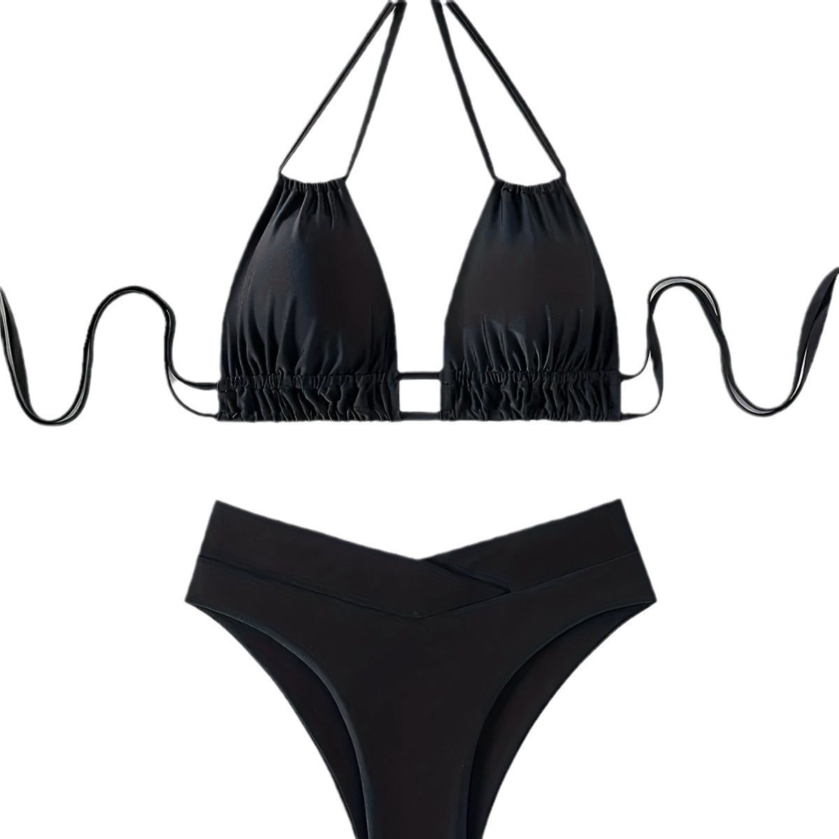 Women's Sexy Backless Lace Up Black Deep V Push Up Bikini