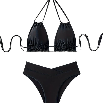 Women's Sexy Backless Lace Up Black Deep V Push Up Bikini