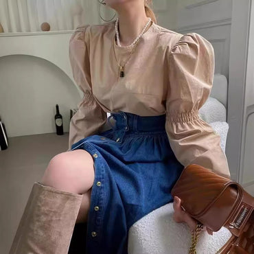 Professional Fashion Slimming Single-Breasted Denim Skirt - Cotton Construction (Dark/Light Blue, Free Size, Street Style)