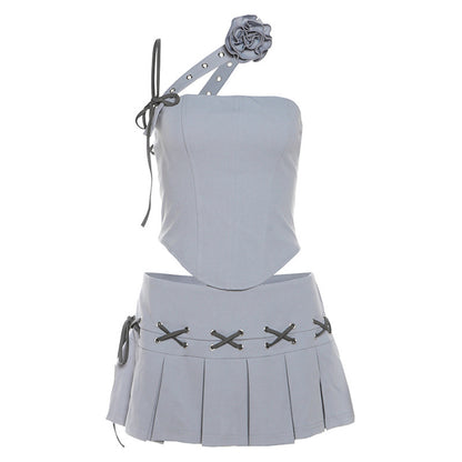Spring New Women's Solid Color Slim-fitting Suspenders Vest Sexy Low Waist Pleated Skirt