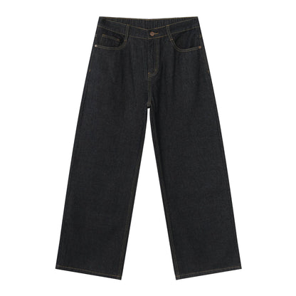 Korean Style Retro Half Elastic Waist Loose Straight Jeans Men's American Style