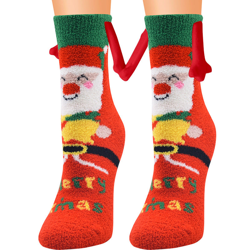 Fournitures de Noël Aspiration magnétique main dans la main Couple chaussettes corail polaire Tube chaussettes chaud pantoufle lit chaussettes hiver doux chaud pantoufle