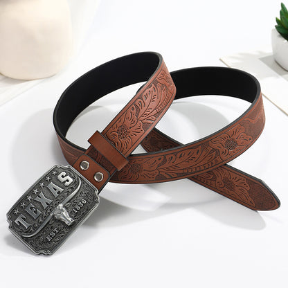 Men's American Retro Cow Head Buckle Western Denim Belt - Authentic Heritage