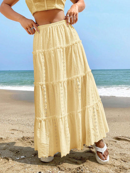 Women's Elastic Waist Mid-length Stitching Solid Skirt
