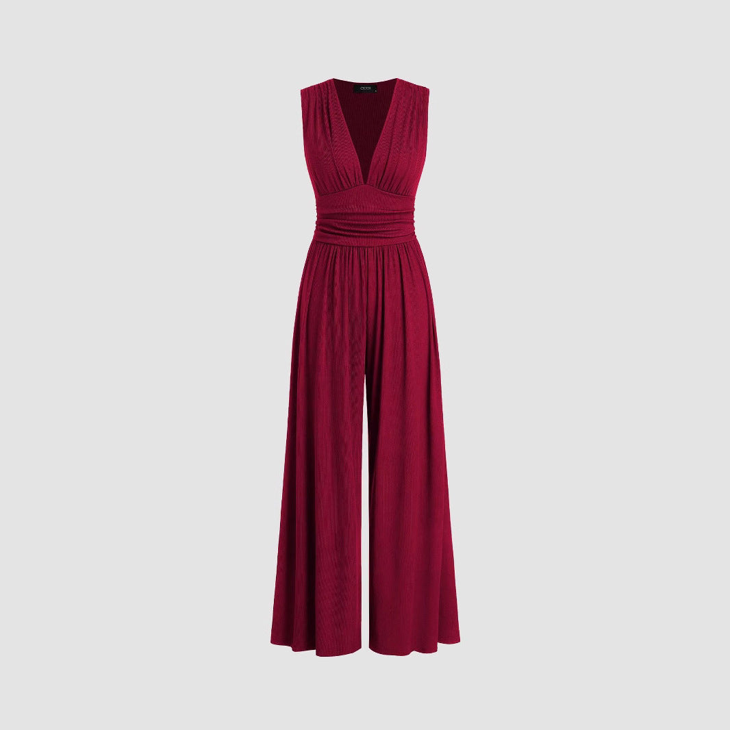 Stickad jumpsuit i enfärgad, lös ärmlös för kvinnor