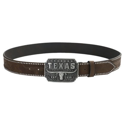Men's American Retro Cow Head Buckle Western Denim Belt - Authentic Heritage