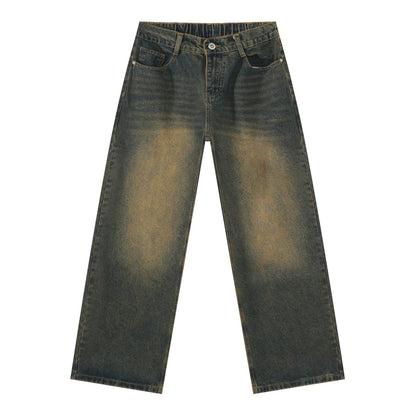 Korean Style Retro Half Elastic Waist Loose Straight Jeans Men's American Style