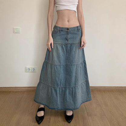 Holiday Fashion: Low Waist Denim Skirt - Cotton Flounced (Blue, S-L, Street Hipster)