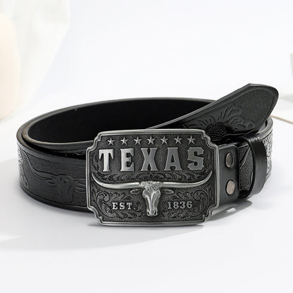 Men's American Retro Cow Head Buckle Western Denim Belt - Authentic Heritage