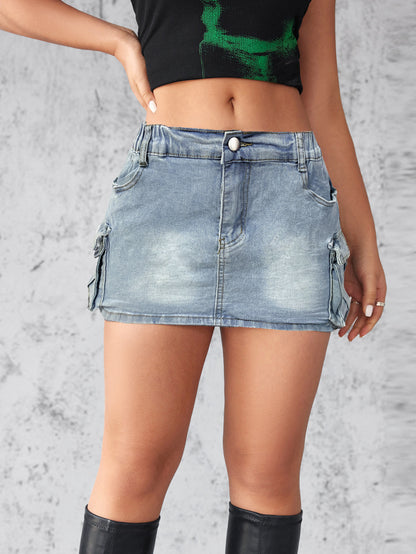 Women's Retro Denim Hip Skirt - Stretch Cotton Workwear with Pockets