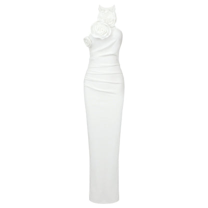 Ny modell Vitt band med blommig halterneck-lång klänning med hög sensuell stil