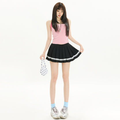 Sweet All-matching Bow Lace Stitching Half-length Pleated Skirt