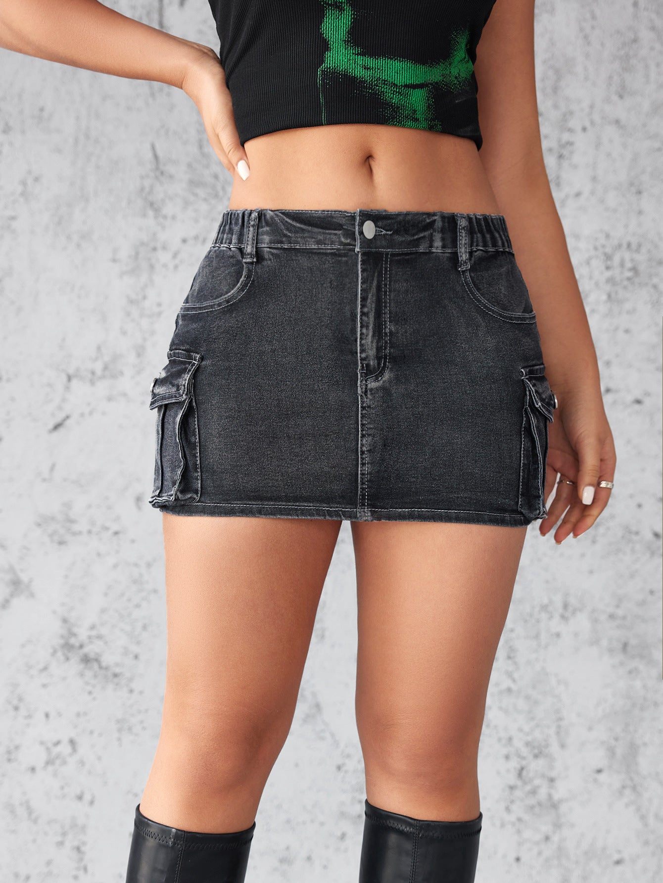Women's Retro Denim Hip Skirt - Stretch Cotton Workwear with Pockets
