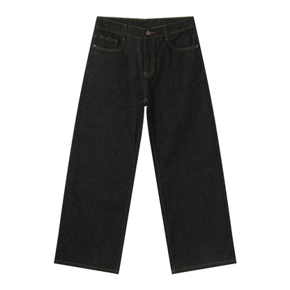 Korean Style Retro Half Elastic Waist Loose Straight Jeans Men's American Style