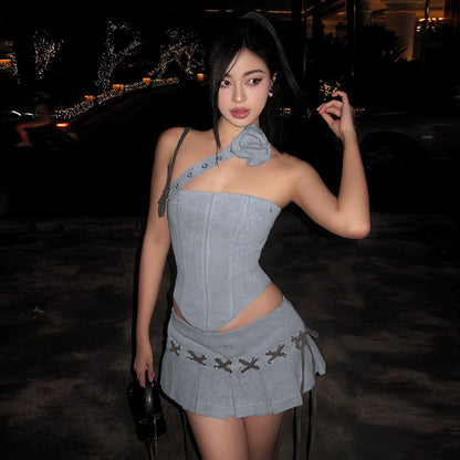 Spring New Women's Solid Color Slim-fitting Suspenders Vest Sexy Low Waist Pleated Skirt