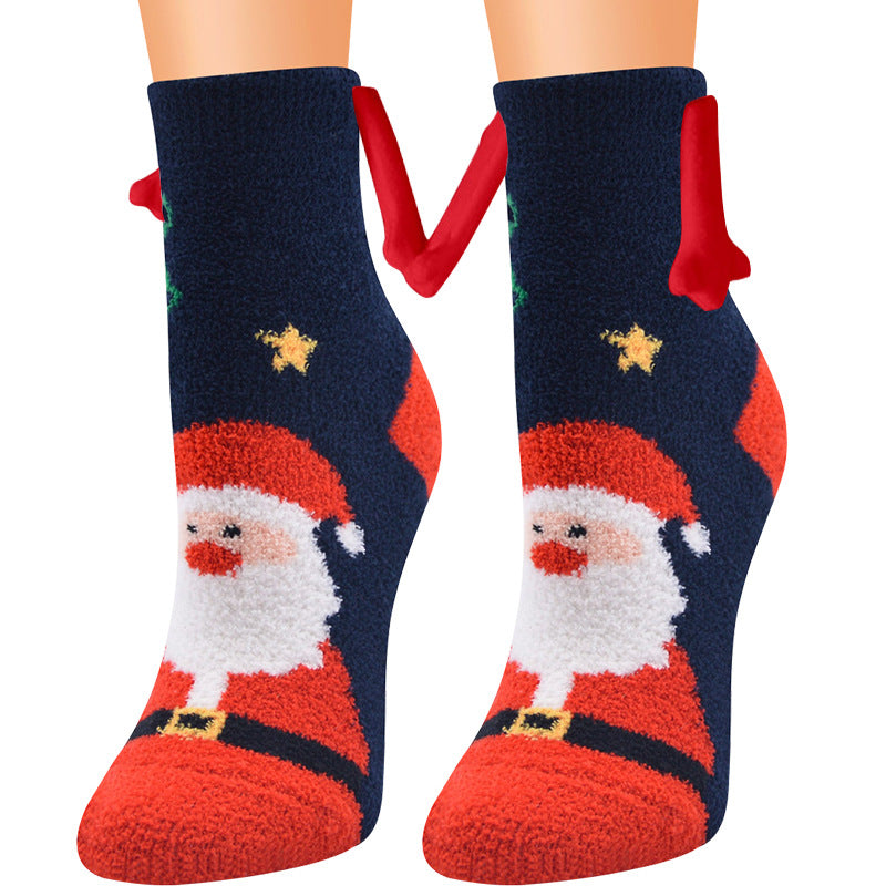 Fournitures de Noël Aspiration magnétique main dans la main Couple chaussettes corail polaire Tube chaussettes chaud pantoufle lit chaussettes hiver doux chaud pantoufle