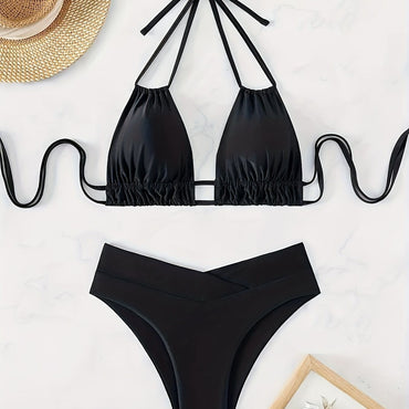 Women's Sexy Backless Lace Up Black Deep V Push Up Bikini