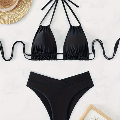 Women's Sexy Backless Lace Up Black Deep V Push Up Bikini