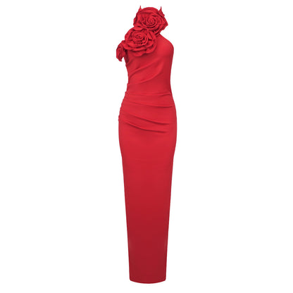 Ny modell Vitt band med blommig halterneck-lång klänning med hög sensuell stil