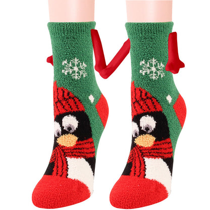 Fournitures de Noël Aspiration magnétique main dans la main Couple chaussettes corail polaire Tube chaussettes chaud pantoufle lit chaussettes hiver doux chaud pantoufle