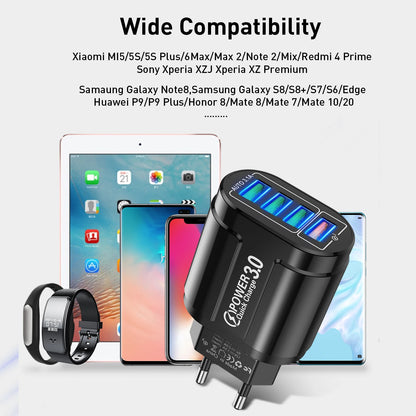 USLION 4 Ports USB Charger Quick Charge 3.0 48W Phone Adapter For iPhone Xiaomi EU/KR/AU Plug Portable Wall Mobile Fast Charger