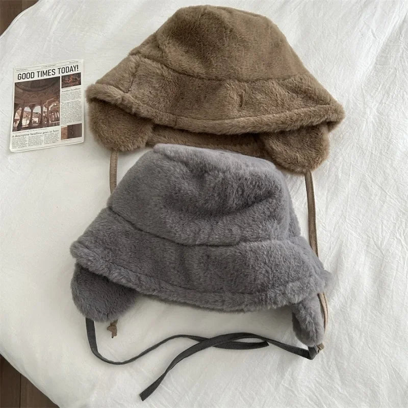 Korean New Ear Protection Bucket Hats for Women Autumn and Winter Travel Versatile Warm Retro Solid Color Plush Men's Caps