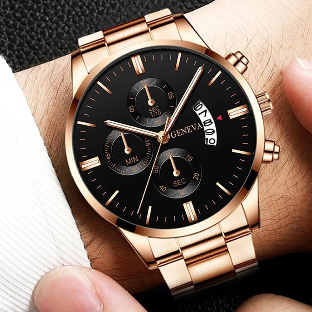 New Geneva Leisure Business Men's Watch Fashion Three Eyes Military Quartz Watch Stainless Steel Waterproof Gentleman Wristwatch